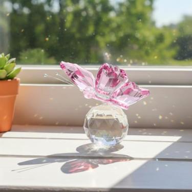 Imagem de Ornamento de estatueta de borboleta de cristal - ornamento de borboleta de vidro voador com base de bola para decoração de mesa, presente para mulheres, rosa
