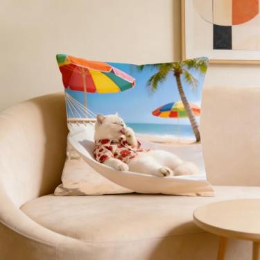 Imagem de Capas de almofada, 43 cm x 43 cm, decoração de capa de almofada xadrez de linho com padrões de gato, fronhas quadradas com zíper para sofá (estilo 4)