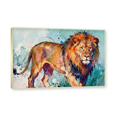 Imagem de NHLDZYH Moldura dourada. Quadro abstrato de leão - arte moderna com salpicos de cor vibrante - arte de parede energética para casa, escritório ou negócios - tela decorativa. A59. 30 x 45 cm.