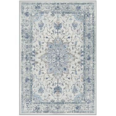 Imagem de RELEANY Tapetes de área 9,5 x 1,8 m lavável, antiderrapante, floral, vintage, estampa de angústia, tapete medalhão para sala de estar, quarto, sala de jantar, azul claro, azul-marinho, bege, cinza