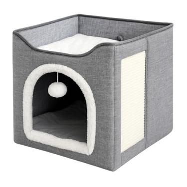 Imagem de Casinha Cubo para Gatos 2 Andares com Arranhador e Brinquedo Suspenso – Conforto e Diversão para Pets até 5 kg