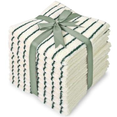 Imagem de Jacquotha Pacote com 12 toalhas de algodão listradas, 33 x 33 cm - panos macios para banheiro, cozinha, academia, rosto, verde e creme