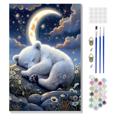 Imagem de DOMROM Pintura emoldurada por urso de números para adultos iniciantes, kits de pintura por números de animais em tela, kits de artesanato de urso fofo para presente de decoração de casa 20 x 30 cm