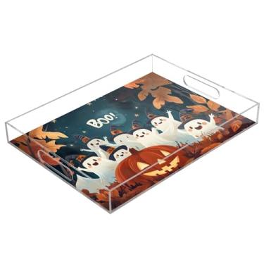 Imagem de xigua Bandeja de servir de acrílico fantasma de Halloween com alças à prova de derramamento, bandejas decorativas de festa de Halloween, bandeja organizadora de bancada para banheiro, cozinha, 30,5 x