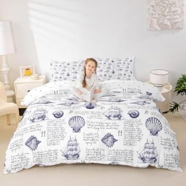 Imagem de Conjunto de capa de edredom com tema náutico, tamanho Queen, estampa de veleiro, 3 peças para decoração de quarto de crianças, meninas, meninos, adultos, azul marinho e branco, capa de edredom