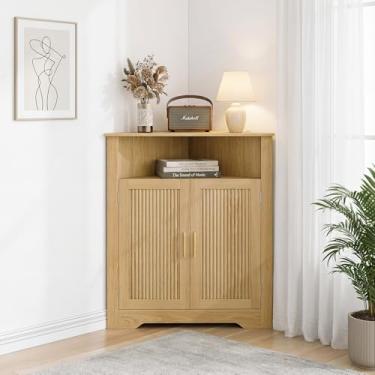 Imagem de Smuxee Armário de canto de banheiro, armário de armazenamento de canto com porta canelada e prateleira ajustável, organizador de armário estreito de madeira para banheiro, cozinha, sala de estar