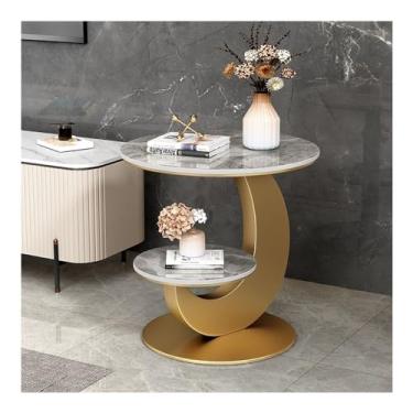Imagem de Mesa lateral de mármore de luxo, mesa de centro redonda de 2 andares, mesa de cabeceira de sofá, mesa de canto lateral com prateleira de armazenamento aberta para mesa de canto de sala de estar (cor