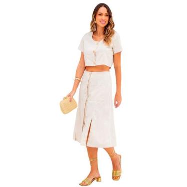 Imagem de Conjunto top cropped e saia com fendas botões em linho premium elegant