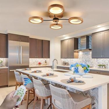 Imagem de Luminária de teto LED retrô com anel de madeira e metal, estilo meados do século, grande, dimerizável, com controle remoto, adequada para quarto, escritório, cozinha, quarto infantil, corred