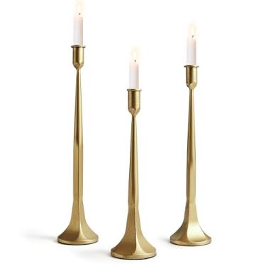 Imagem de Conjunto de 3 castiçais de ferro fundido, castiçais vintage, castiçais decorativos, castiçais cônicos, conjunto alto para casamento, férias, decoração de casa, decoração de Natal (ouro)