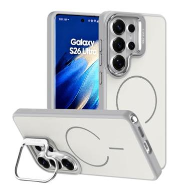 Imagem de POYUFRG Capa magnética para Samsung Galaxy S26 Ultra/S26 Plus/S26, capa antidigitais fosca fina com proteção de lente de metal, capa de suporte, cinza, S26 Ultra