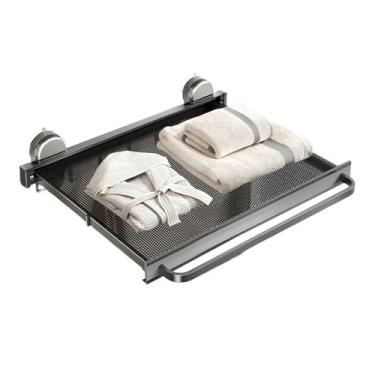 Imagem de Organizador de chuveiro com ventosa para toalhas, suporte de toalha extensível montado na parede, organizador de toalhas de alumínio retrátil com haste e ganchos de atividade, prateleiras de chuveiro