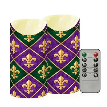 Imagem de Wassud Pacote com 2 velas Mardi Gras Fleur De Lis diamante sem chama com controle remoto, velas realistas cintilantes com temporizador, velas decorativas para Natal, casamento, festa, decoração de
