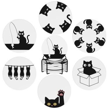 Imagem de Conjunto de 6 porta-copos de cerâmica para desenho de gato simples com encosto de cortiça, porta-copos absorventes com suporte de metal, proteção de mesa antiderrapante para cozinha, bar, escritório