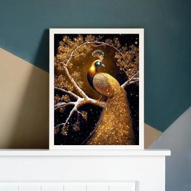 Imagem de Quadro Decorativo Pavão Ouro 33x24cm c/ Vidro e Moldura Preta