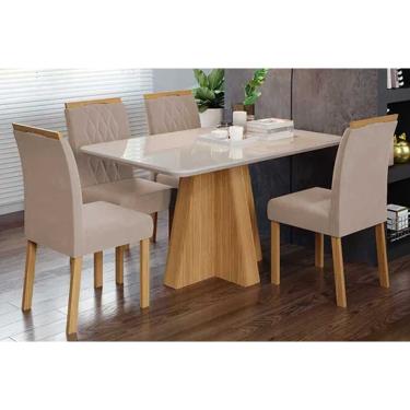 Imagem de Conjunto: Mesa Sala Jantar Maitê Tampo Madeirado c/ Vidro 130x80cm e 4 Cadeiras Juliana Nature/Off White - Carvalho/Linho Bege Cimol