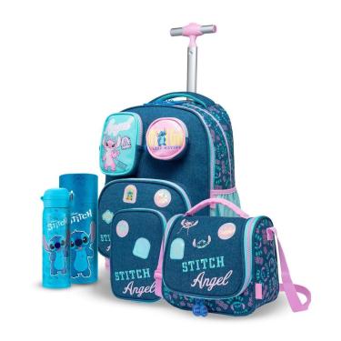 Imagem de Kit Mochila Rodinha Stitch Disney Escolar Garrafa Estojo Lancheira Espaçosa-Feminino