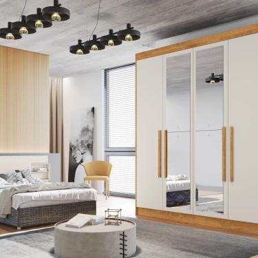 Imagem de Guarda Roupa Solteiro com Espelho 4 Portas 3 Gavetas Nantes Peroba/Off White