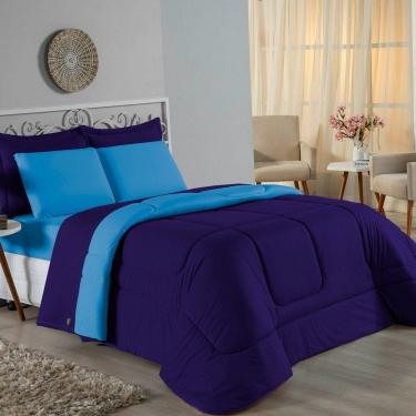 Imagem de Kit Edredom Dupla Face + Jogo De Lençol Casal Nobre 6 Peças Malha 100% Algodão - Roxo / Turquesa