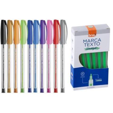 Imagem de Kit Caneta Trilux Com 10 Cores + Caixa Marca Texto Fluorescente Verde 