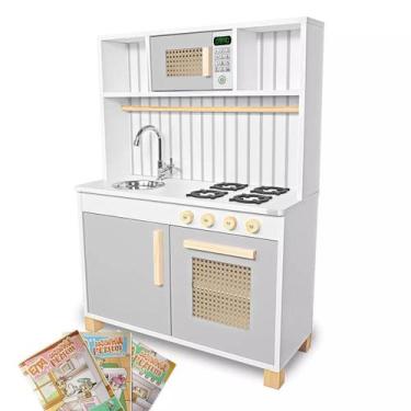 Imagem de Cozinha Infantil Retro com Pia Fogão e Microondas Kit Livro Educativo 