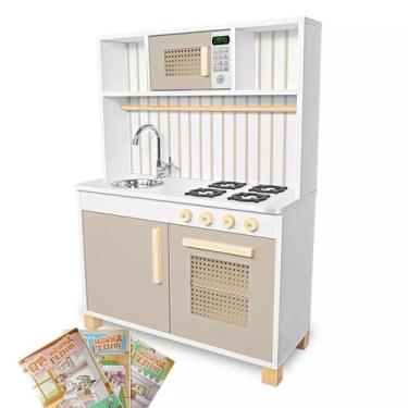 Imagem de Cozinha Infantil Retro com Pia Fogão e Microondas Kit Livro Educativo 