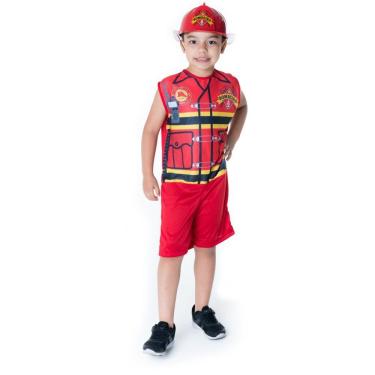 Imagem de Kit Infantil Bombeiro com Fantasia 100% Poliéster Tamanho m e Capacete em Polipropileno Vermelho