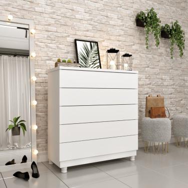 Imagem de Cômoda Premium 5 Gavetas em MDF com Puxadores Laterais Branco com Pés Reto Estilo Moderno
