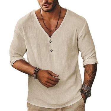 Imagem de Camisa Rela Bota masculina de linho de manga curta com decote em V cáq