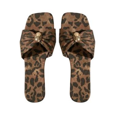 Imagem de Sandálias femininas BEAUDRM Pearls Chain Flat Slip On Leopard
