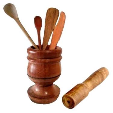 Imagem de Kit Culinário de Madeira Pilão Socador Espátula Faquinha Amadeirado Co