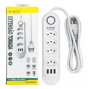 Imagem de Filtro de linha e extensão 4 tomadas + 3 USB  c/ cabo 2 mt - BM