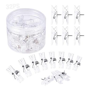 Imagem de 32 peças de clipes de pressão reutilizáveis para fotos, mini tachinhas de plástico transparente, prendedores de roupa, clipes de papel de artesanato decorativos para quadros de cortiça, obras de arte