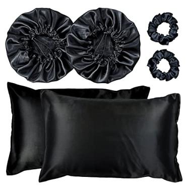 Imagem de Kit 2 Fronha De Cetim Seda + 2 Toucas + 2 Xuxinhas (Preto)