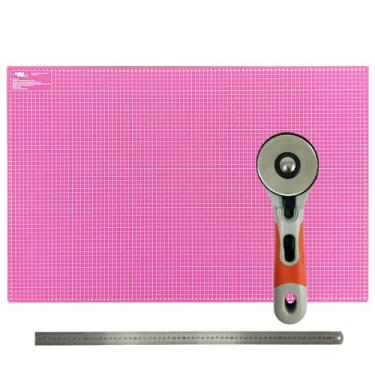 Imagem de Kit Base de Corte Grande A1 90x60 Para Patchwork Scrapbook Régua Metal 60cm Cortador Disco de 60mm (Placa de Corte A1 90x60 Rosa)