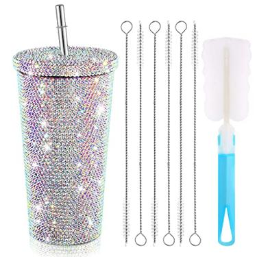 Imagem de Mimorou Copo de água cravejado de diamante brilhante com tampa Copo térmico de strass com canudo a vácuo de aço inoxidável com 1 escova de copo 6 pincéis de palha para mulheres (500 ml, cor AB)
