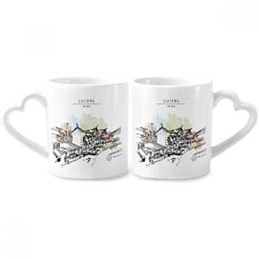 Imagem de Temple Natural Scene Li jiang China Casal Conjunto de canecas de porcelana Cerâmica Amante Cup Coração Alça