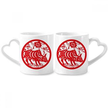 Imagem de Conjunto de canecas de porcelana para casal, arte do zodíaco da China, corte de papel, boi, animal, xícara de cerâmica para amante, alça de coração