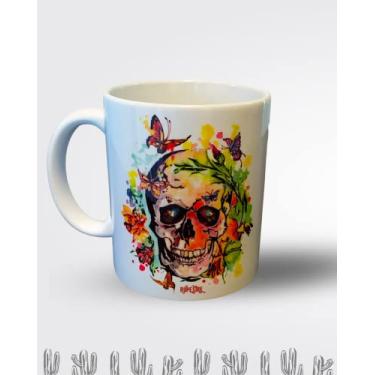 Imagem de Caneca Caveira De Porcelana Personalizada Rupestre Modelo Borboletas