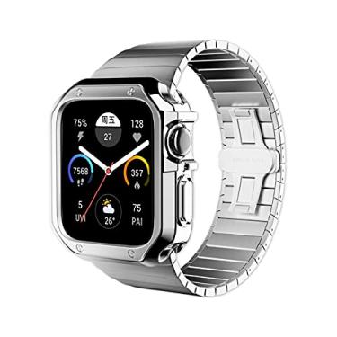 Imagem de NEYENS para pulseira de relógio 44mm 42mm 40mm 38mm para i-Watch Series SE/7/6/5/4/3/2/1 capa protetora de silicone pulseira de metal (cor: terno prata 10, tamanho: 44mm)