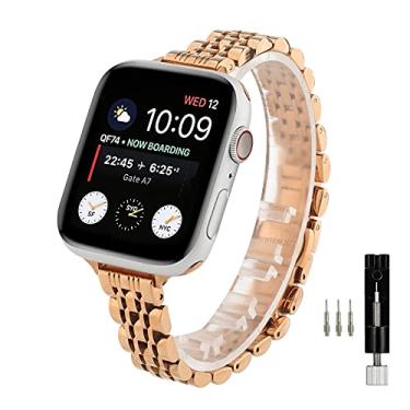 Imagem de MaKTech Pulseira de Aço Inoxidável Feminina com Sete Peças Pulseira de Metal de 14mm para Apple Watch 10/9/Ultra 2/SE/8/7[2024] (46mm/45mm/44/49mm,Esbelto-Rosa Ouro)