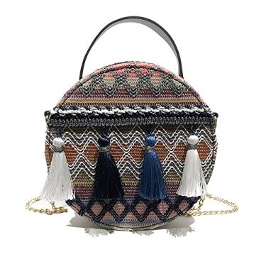 Imagem de Bolsa feminina estilo étnico com franja, bolsa transversal de palha, alça de ombro, bolsa redonda com zíper, Azul