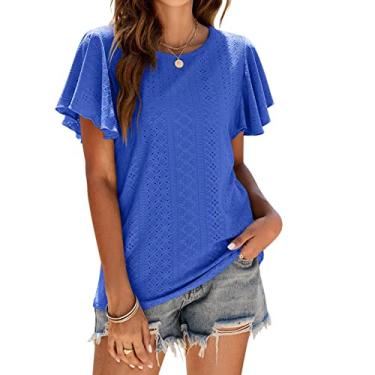 Imagem de Camiseta feminina manga oca babados casual top verão manga curta ajuste solto blusa tops manga redonda doce camisa, azul, GG