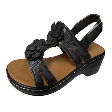 Imagem de Sandálias para mulheres meninas moda verão multicolorido flor bico redondo gancho e laço sandálias plataforma fivela tira no tornozelo sandálias anabela (preto, 6)