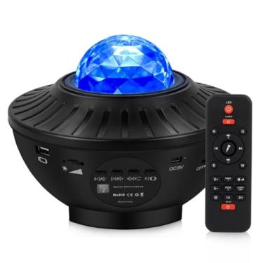 Imagem de Luminaria Abajur Caixa Som Luzes Noturna Bluetooth Gira Projetor Estrelas Galaxia Com Controle Cor preto Ambiente USB SD 110v/220v
