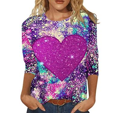 Imagem de Elogoog Camisetas femininas estampadas para o dia dos namorados na moda vocação blusa bloco de cores bonito coração estampado amor blusa manga 3/4 tops, U, M