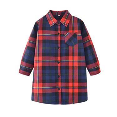 Imagem de Camisa de manga comprida para meninas, camisas de flanela xadrez com botões, manga comprida, casual, camisetas para crianças, Vinho, 18-24 Months