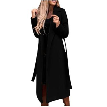 Imagem de BFAFEN Casaco feminino trench coat comprimento médio lapela entalhada casaco de manga comprida com cinto jaqueta elegante de inverno, Preto, M