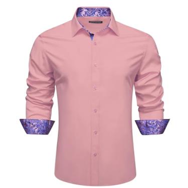 Imagem de Camisas masculinas de seda manga longa azul-petróleo sólido patch Paisley Slim blusa masculina Casaul lapela tops primavera outono, 0363, G