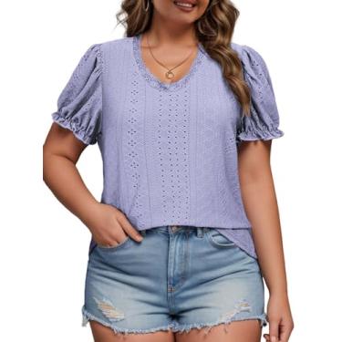 Imagem de ROSRISS Camisetas plus size femininas de verão, ilhós, renda, túnicas de manga curta, 07 roxo, 3G